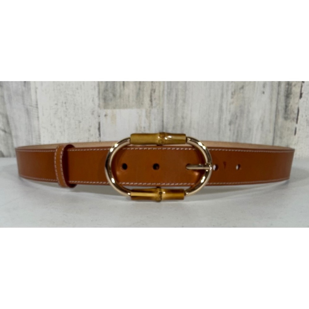 J McLaughlin Belt Large Brown Bamboo Gold Buckle Preppy Neutral Designer READ